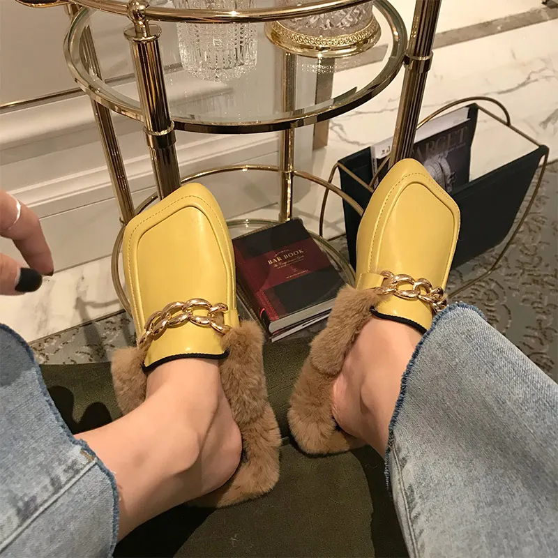 MONMOIRA Vintage Square Toe Faux Fur Flat Shoes Women Metal Chains Warm Winter Boots Slip on Designer E0826 |