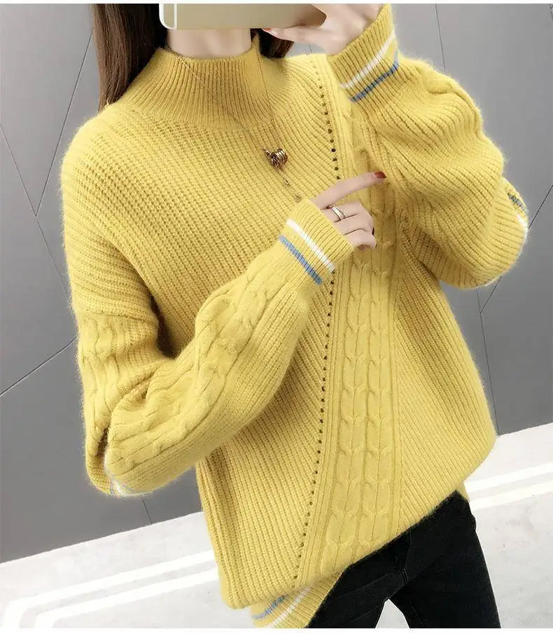 

2021 Women Sweater Striped Casual Female Pullover Warm Winter Long Sleeve Turtleneck Cotton Knitted