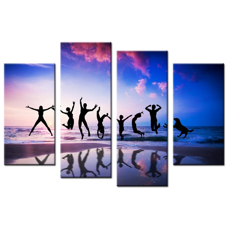 

Landscape Canvas Painting Jump on The Beach Wall Art Poster 4 Pieces Beautiful Sky HD Print Modern Home Decor Picture