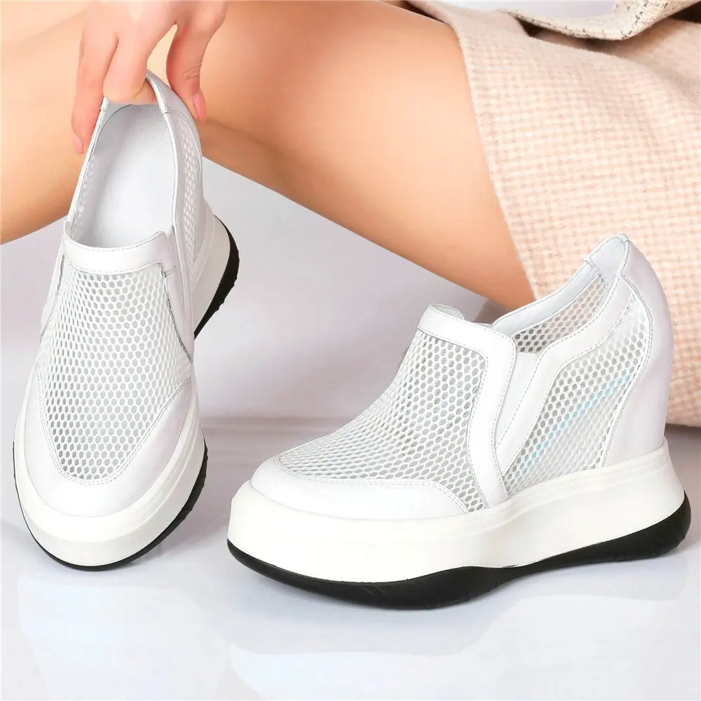 

Increasing Height Summer Ankle Boots Women's Breathable Genuine Leather Platform Wedge High Heel Creeper Sandals Slip On Casual