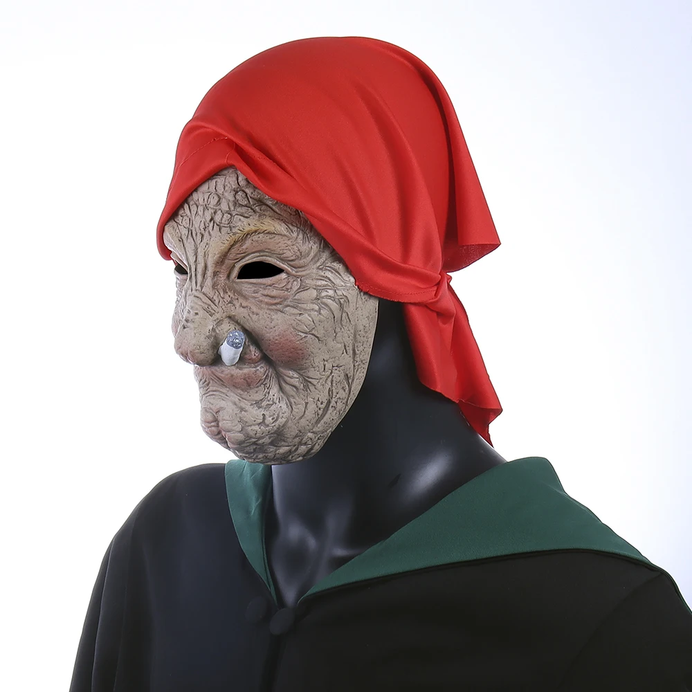 Латексная Маска для пожилых людей сморщенная с красным шарфом головы вечеринки