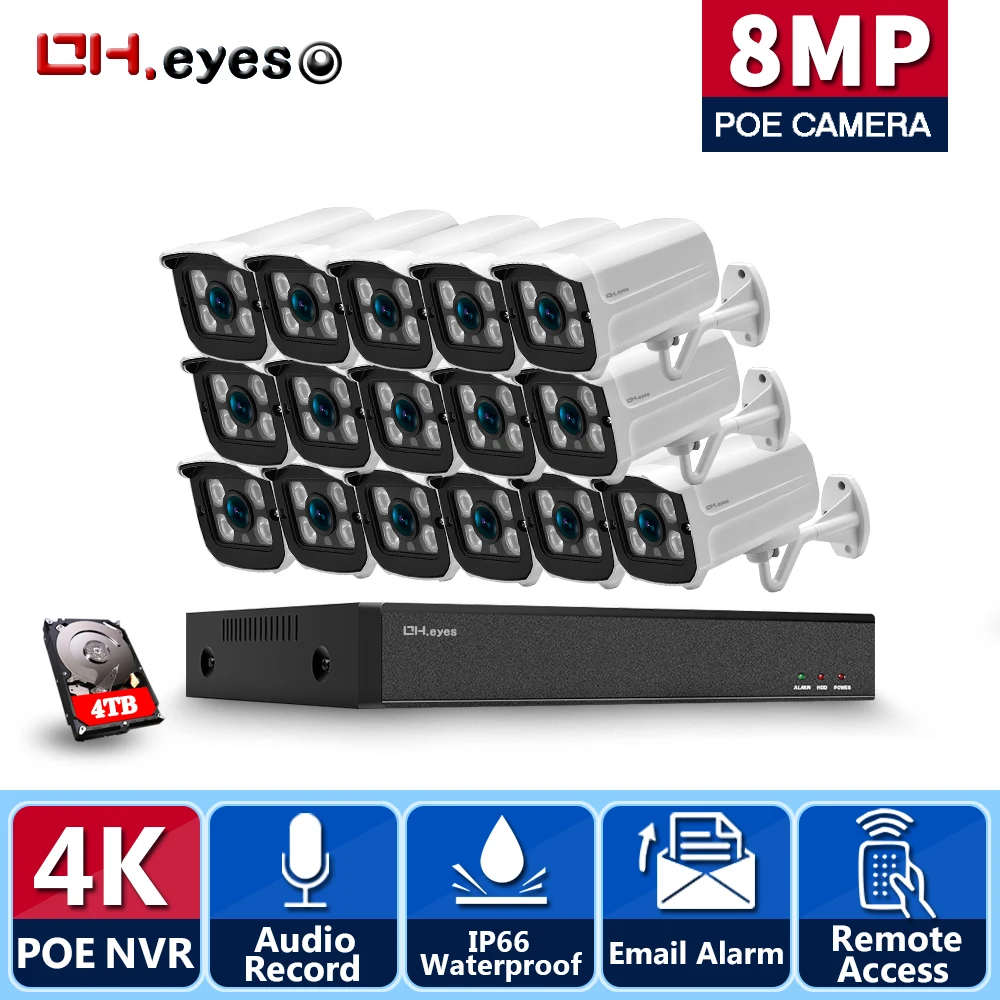 

Система видеонаблюдения OH.eyes 16CH 4K Ultra HD POE 8MP IR IP66 Водонепроницаемая наружная IP-камера Plug & Play комплект видеонаблюдения