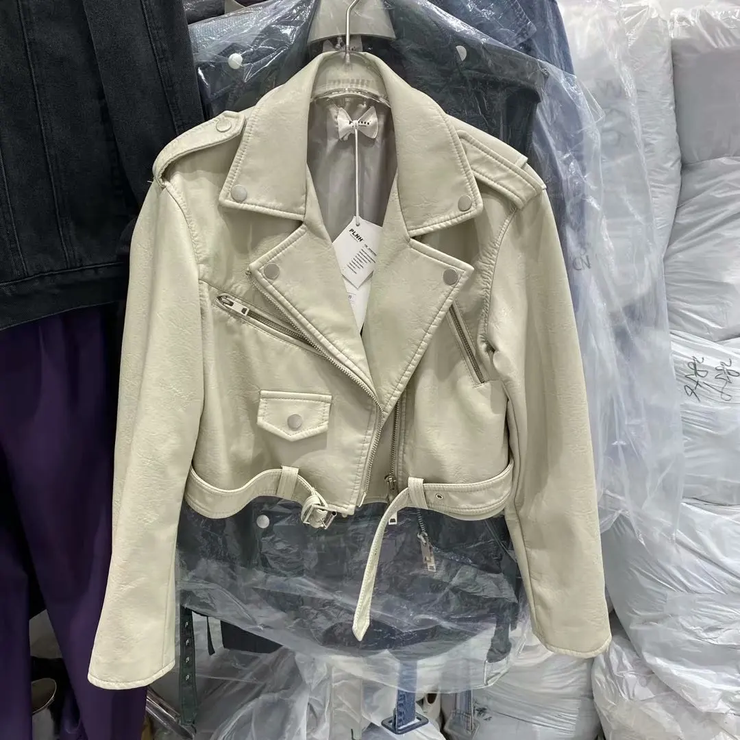 Женское кожаное пальто весна-осень длинный рукав с ремнем искусственная кожа