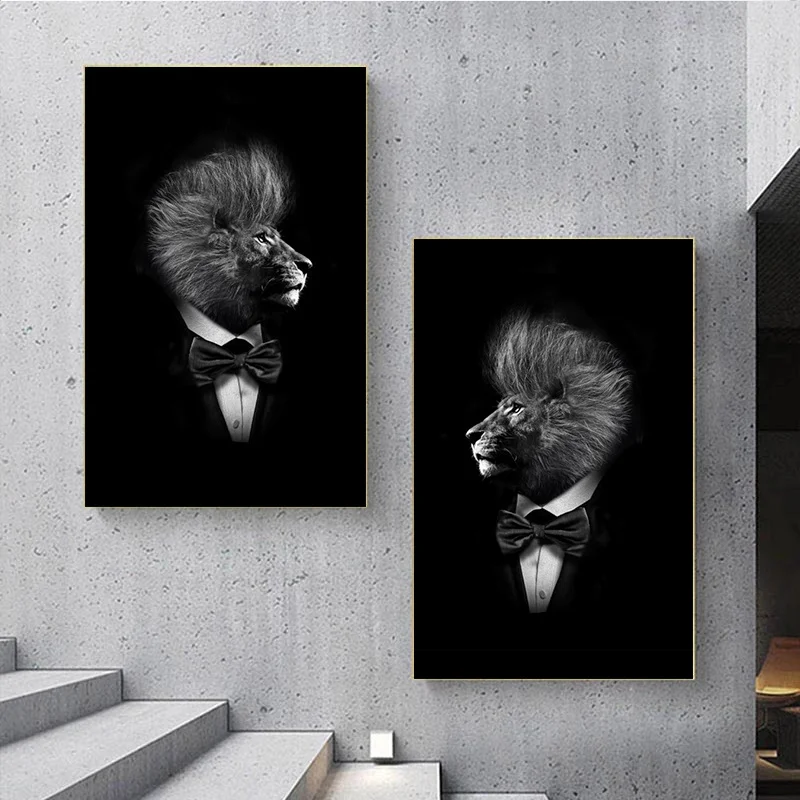 

Abstract Lion Smoking a Cigar Canvas Paintings Black Wild Lion in a Suit poster And print wall Art Picture for living home Decor