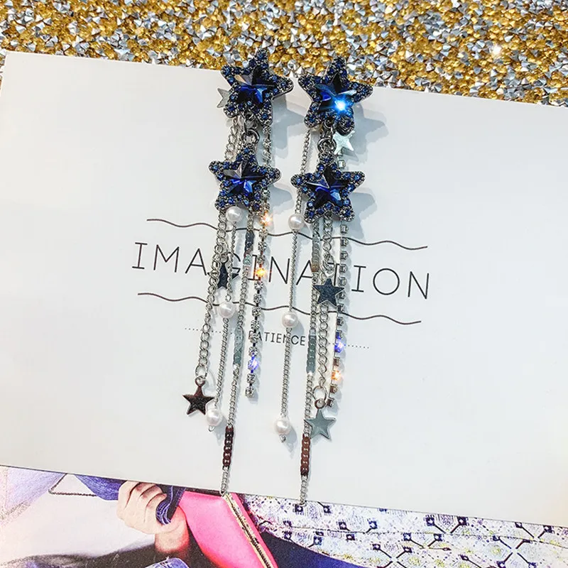 FYUAN корейский стиль звезда Висячие серьги для женщин Bijoux Длинная кисточка Блестящий Синий Кристалл Висячие серьги ювелирные аксессуары
