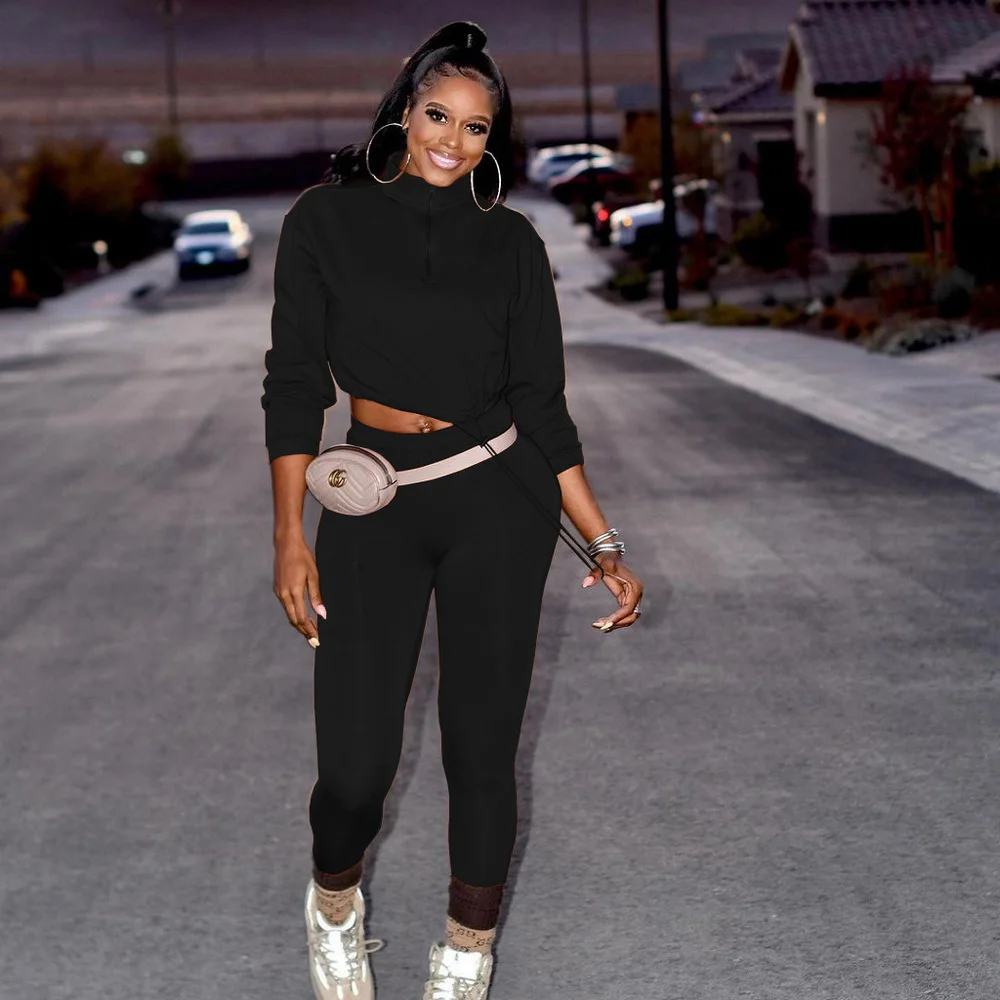 

Костюм брючный женский эластичный из двух предметов, повседневная простая толстовка с высоким воротником и длинным рукавом, на молнии и одн...