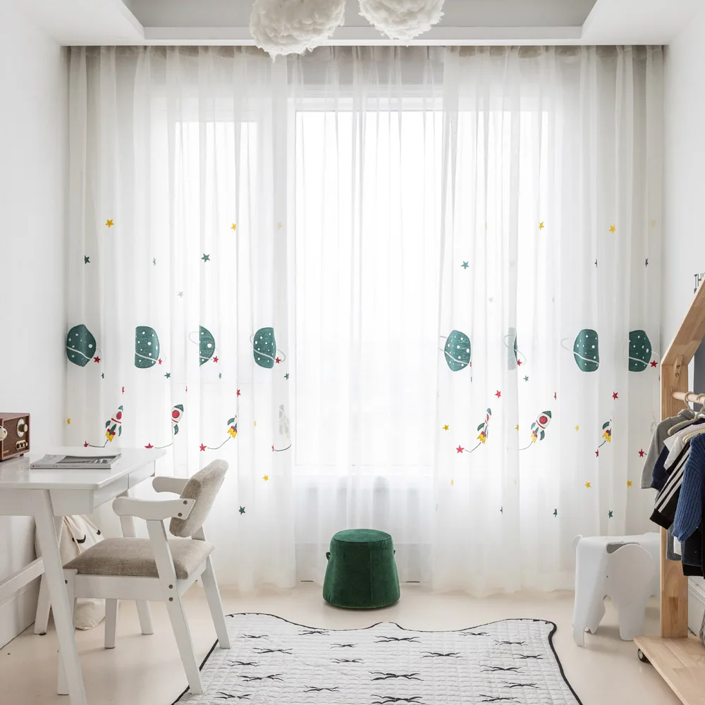 Вышитая вуаль с рисунком из мультфильма «космическая Ракета», занавеска для детской спальни, гостиной, отвесные оконные шторы, роскошный детский Тюль 20D3