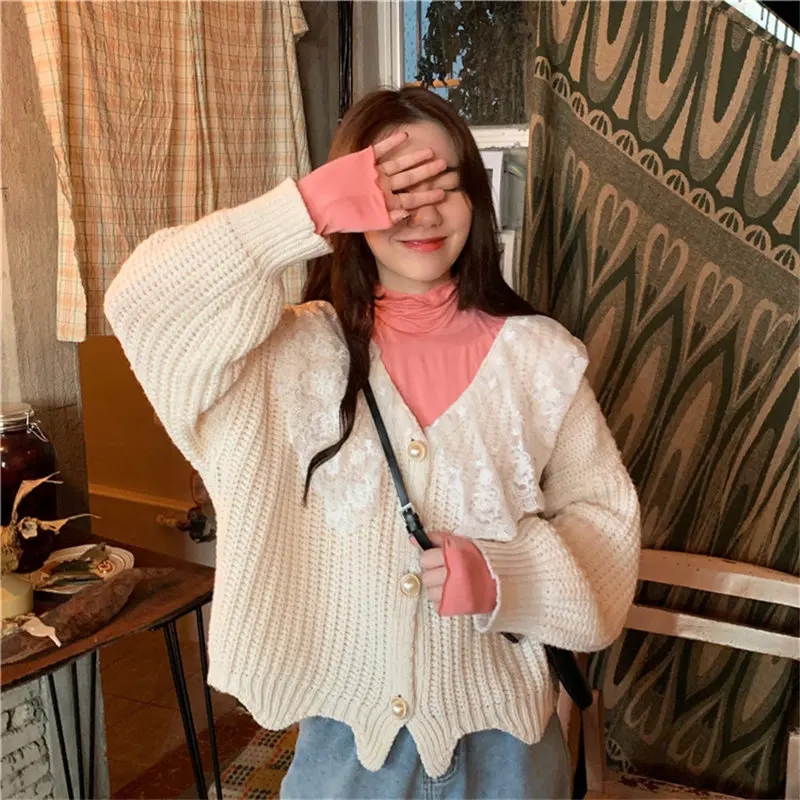 Осенний вязаный кардиган с v-образным вырезом для девушек, Офисная Леди, пэчворк, с кружевами, для улицы, Повседневный, элегантный свитер, топы