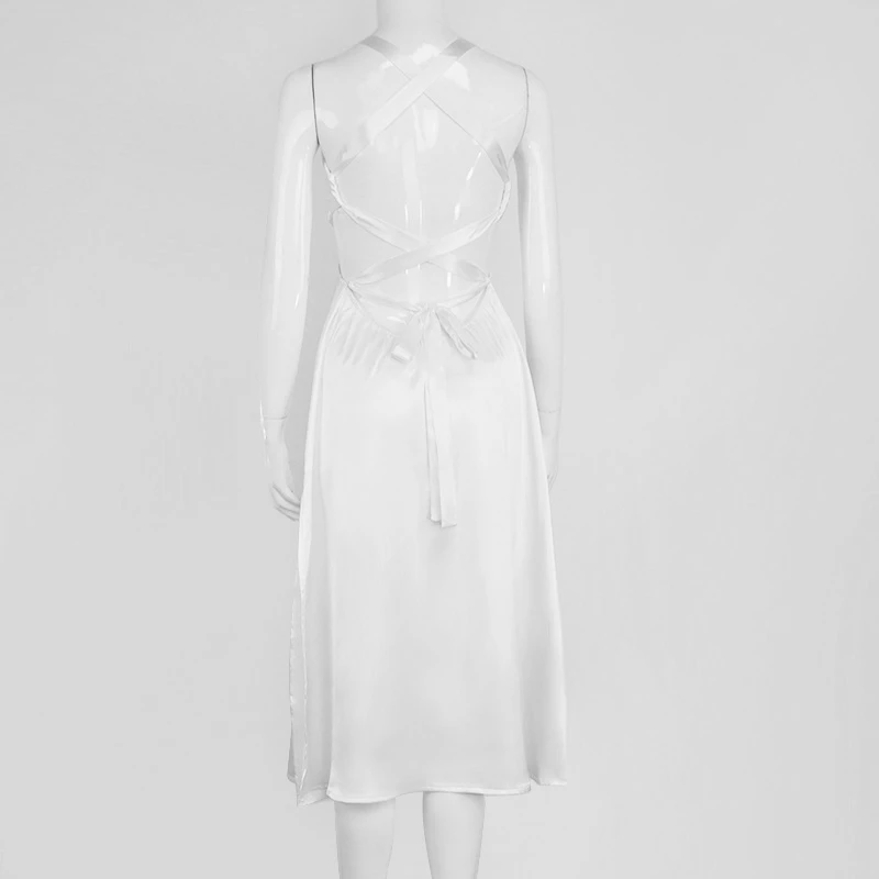 

Backless Dress Women Tie Up V Neck Split Midi Sexy Dresses Ladies A-Line Robe Casual Party Fashion Beach