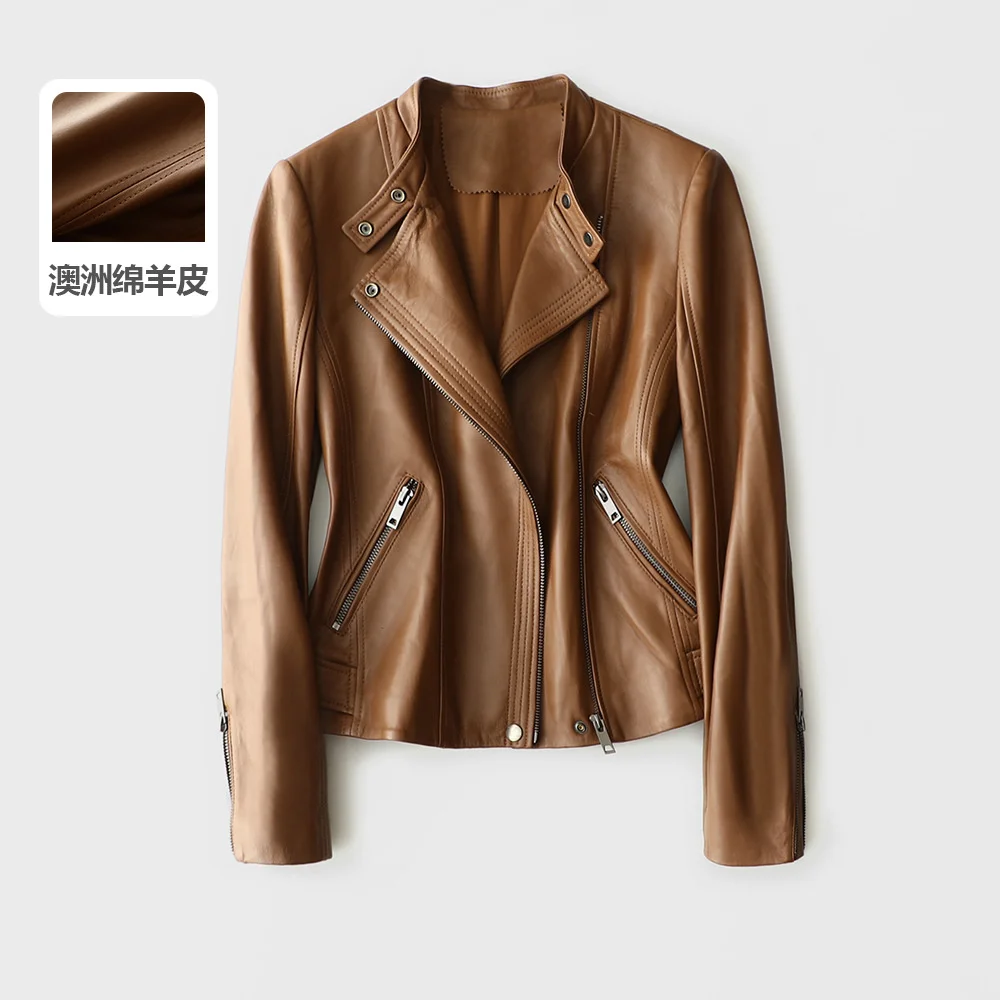 

2021 autumn new Australian sheepskin soft and delicate zipper small stand collar leather coat women's coat