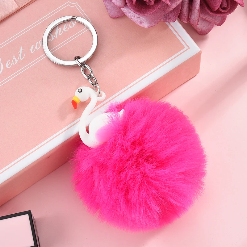 

New Pompom Goose Keychain for Women Round Ball Pom Pom Faux Rabbit Fur Key Chain Trinket Car Bag Jewelry Key Ring Gift EH378