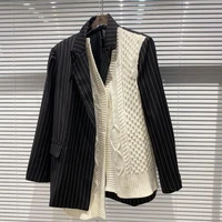 new wool knitted horse clip stitching fake two piece striped suit jacket for women