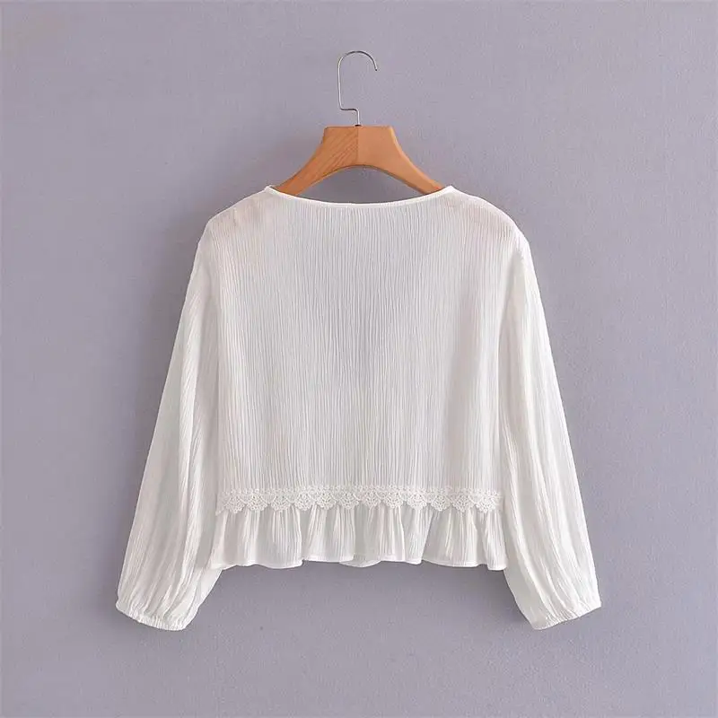 

ZA 2021 Summer Ladies Spliced Blouse Solid Drawstring Causal Lantern Sleeve Female Pullover Thin Tops V-neck Loose Tops