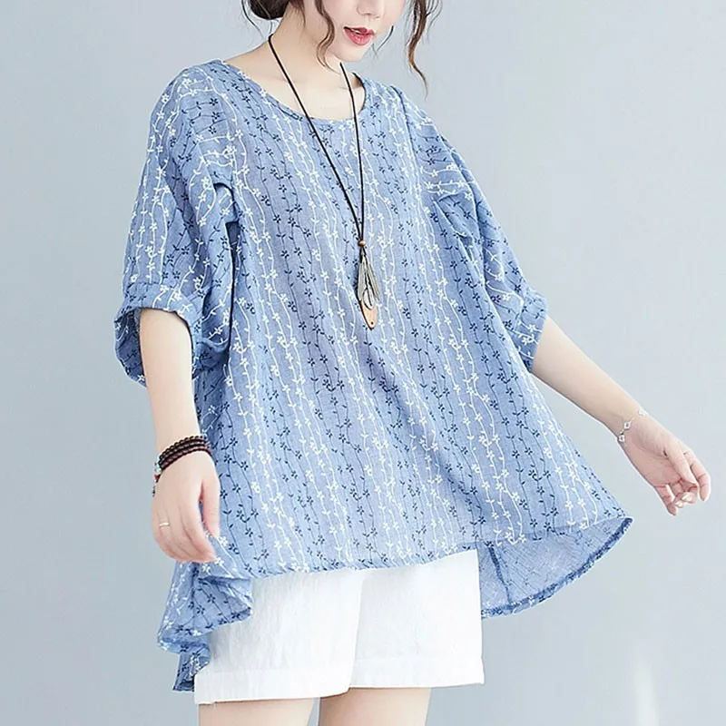 

Women Cotton Linen Casual T-shirts New Arrival 2021 Summer Simple Style Vintage Print Loose Female Short Sleeve Tops Tees W139