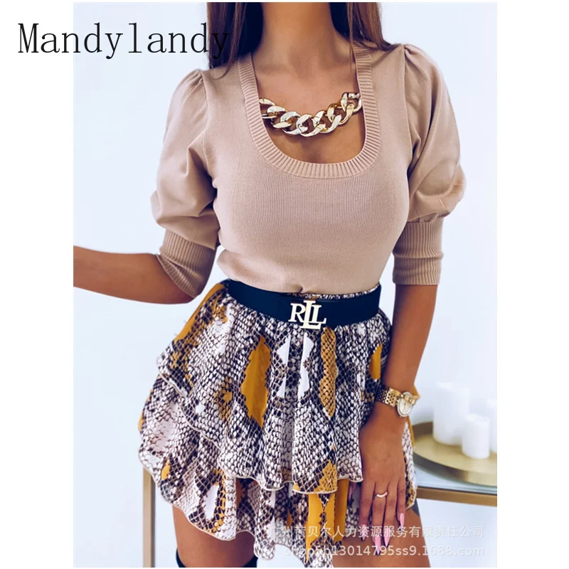 

Женский элегантный вязаный свитер Mandylandy, пуловер, топ, Женская Повседневная модная облегающая футболка с полурукавами-фонариками и круглым...