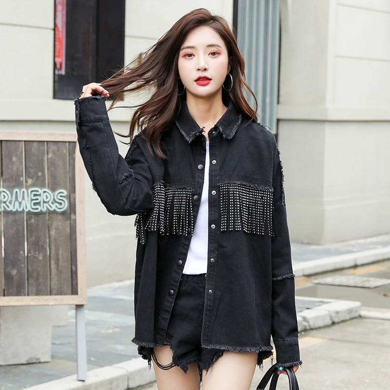 

2020 fall new denim jacket women beaded tassel stitching black