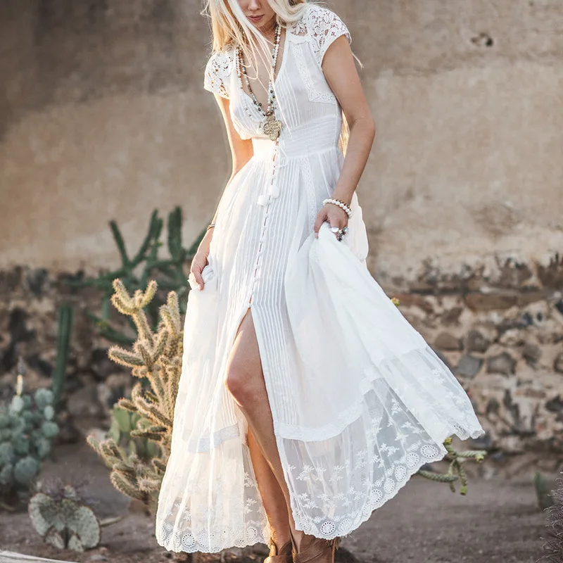 Женское длинное платье в стиле бохо хлопковое Белое Платье макси с V образным