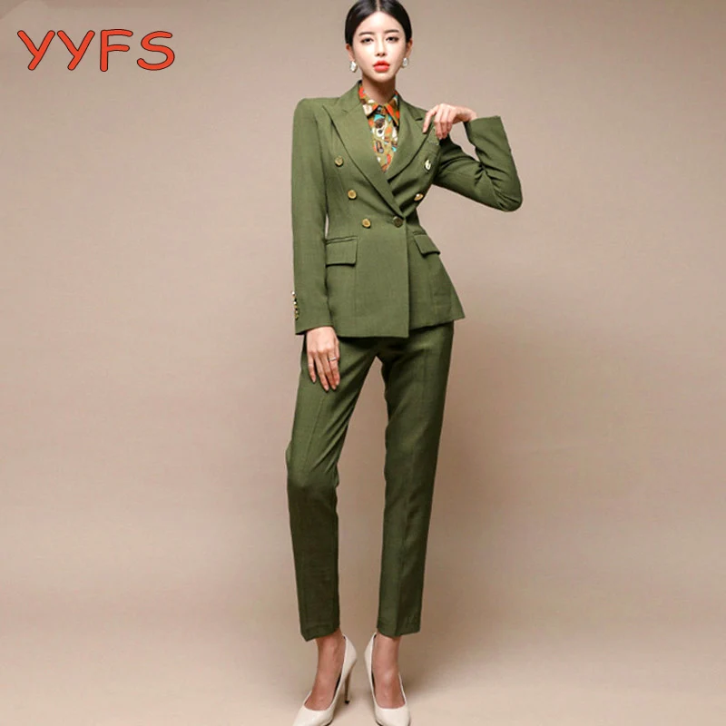 

Women Blazer Set Fashion Green Double-breasted Slim Jacket & Pencil Pant Women Pant Suit Ladies Work Suit Female 2 Piece Set