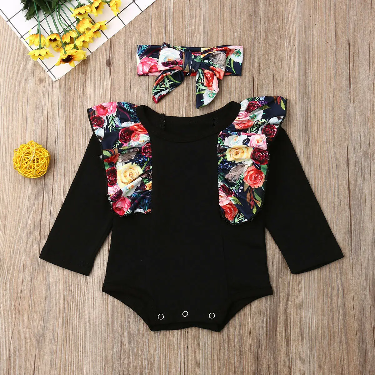 2019 Самые новые горячие новорожденные дети Девочки Рюши Флоральное плечо 2 шт. Тельняшки Комбинезон Наряды Кежуал Хлопковая одежда.