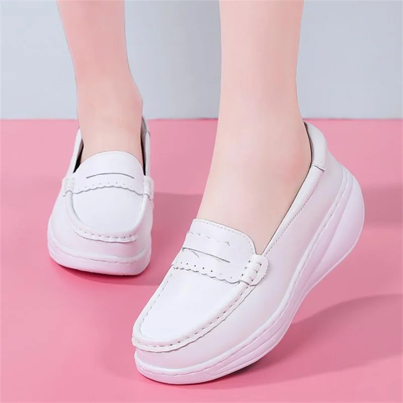 

White Genuine Leather Platform Loafers Women Nurse Shoes Round Toe Slip-on Thick Flats Breathable Soft Cowhide Chunky Flat
