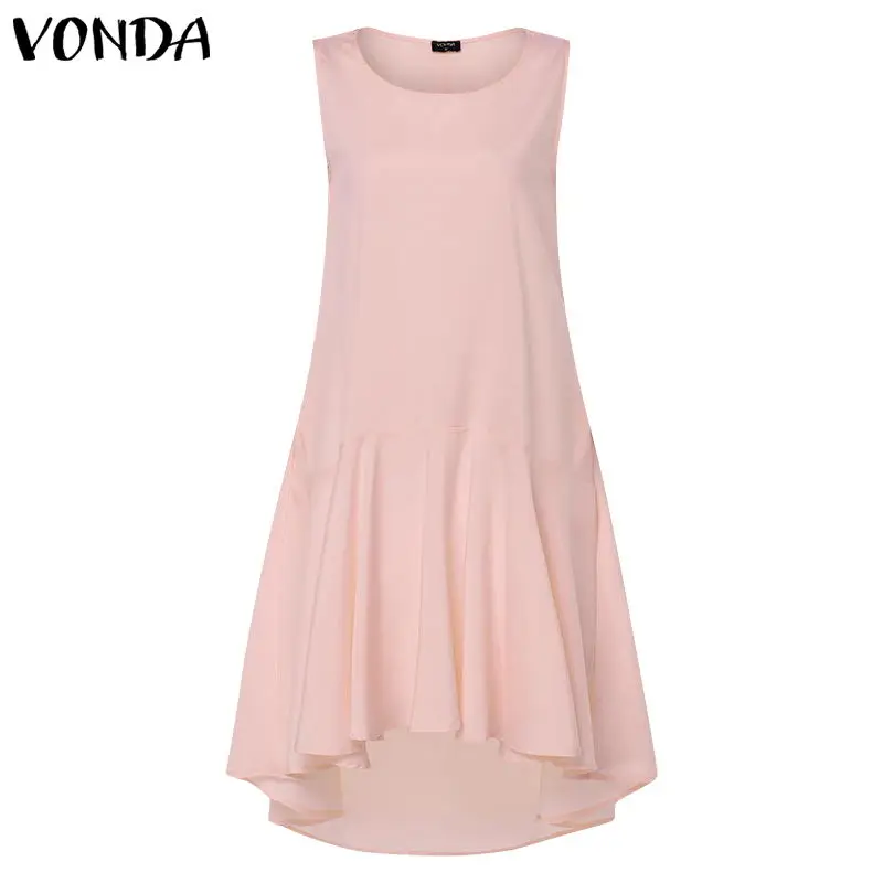 pink VONDA повседневное одноцветное платье для женщин Лето женское платье с оборками и асимметричным подолом рыбий хвост элегантный сарафан длинная секция размера плюс - Цвет: pink