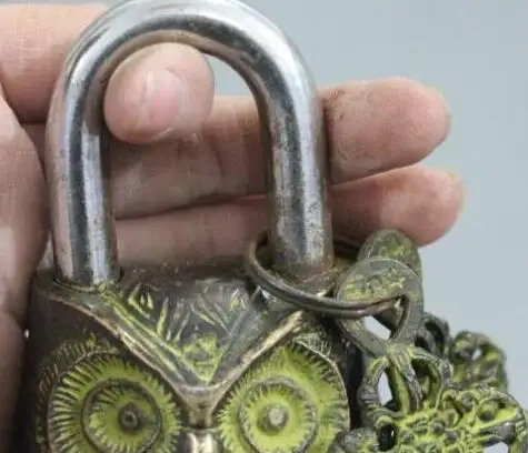 YM 12cm Rare Chinese Ancient Bronze Owl Bird Birds Door Lock Latch Key Set Statue | Дом и сад