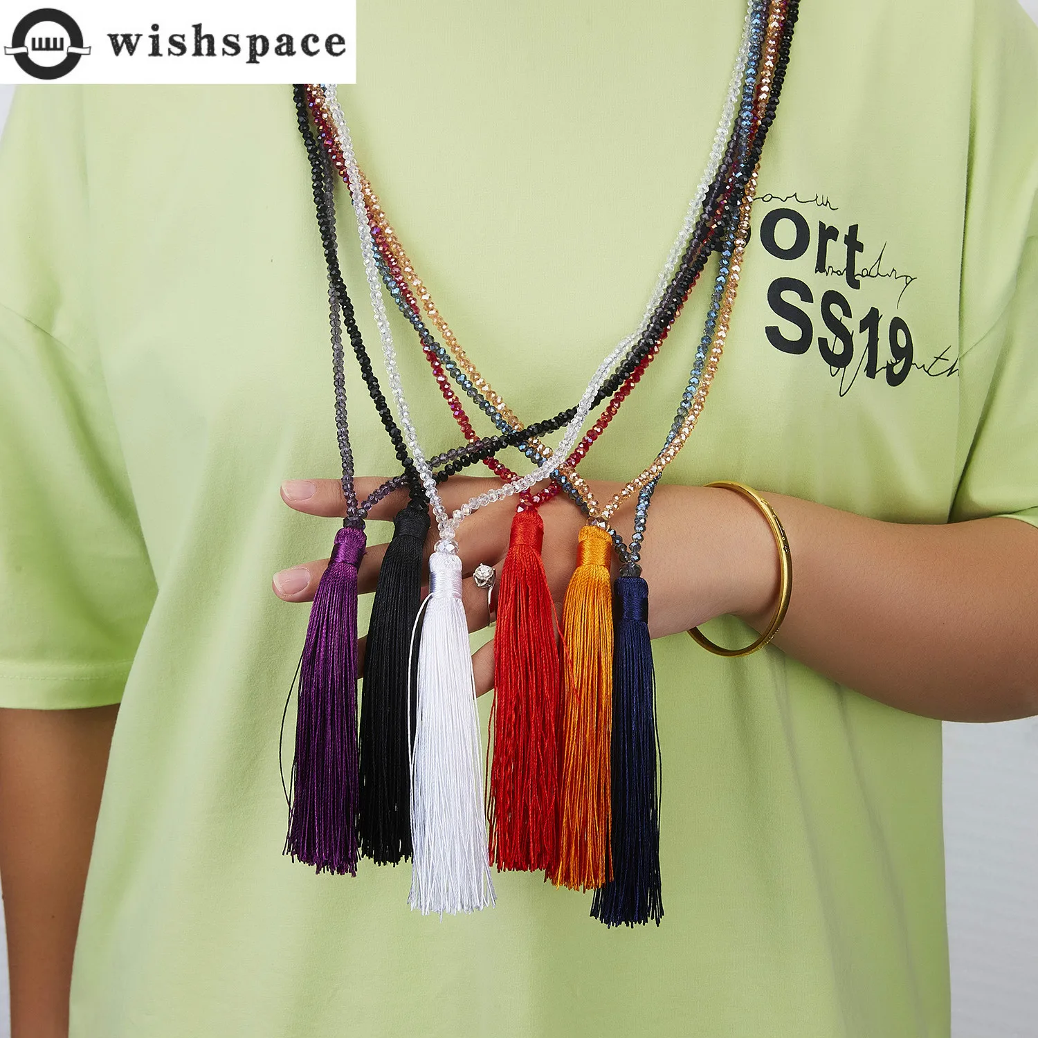 

Wishspace tassel crystal pendant sweater chain, fashionable woman long necklace jewelry wholesale girlfriend gifts