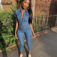 single buttons sexy denim jumpsuit short women rompers pocket bodycon summer jeans overalls casual fashion party club playsuit