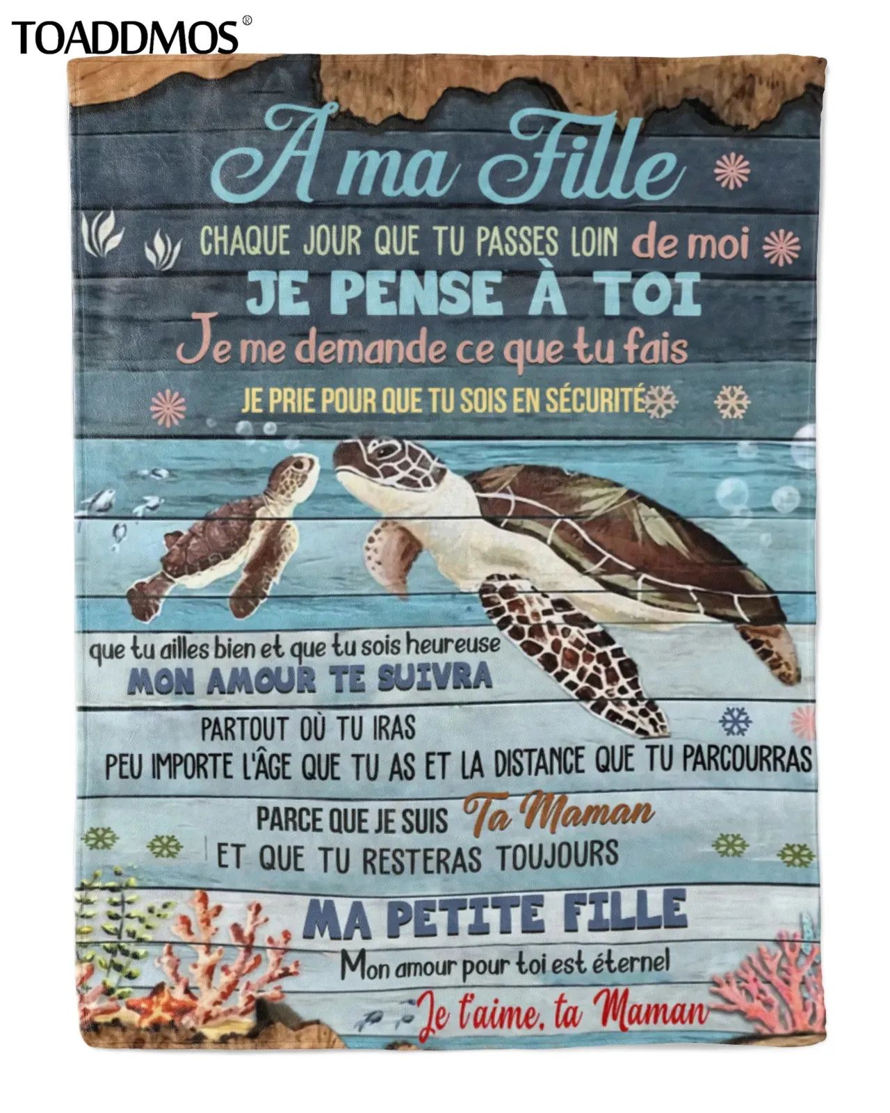 

TOADDMOS A ma Fille Cute Sea Turtle Love Letter Print Thin Fleece Blanket Gift for Daughter Sofa Throw Blanket Home Bedding