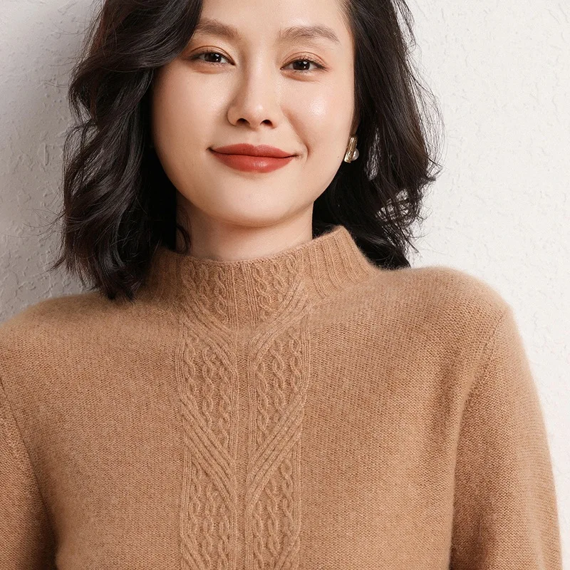 Ladies sweater 2020 casual fashion high neck long sleeve soft 100% cashmere sweater women fashion warm solid knit pullover