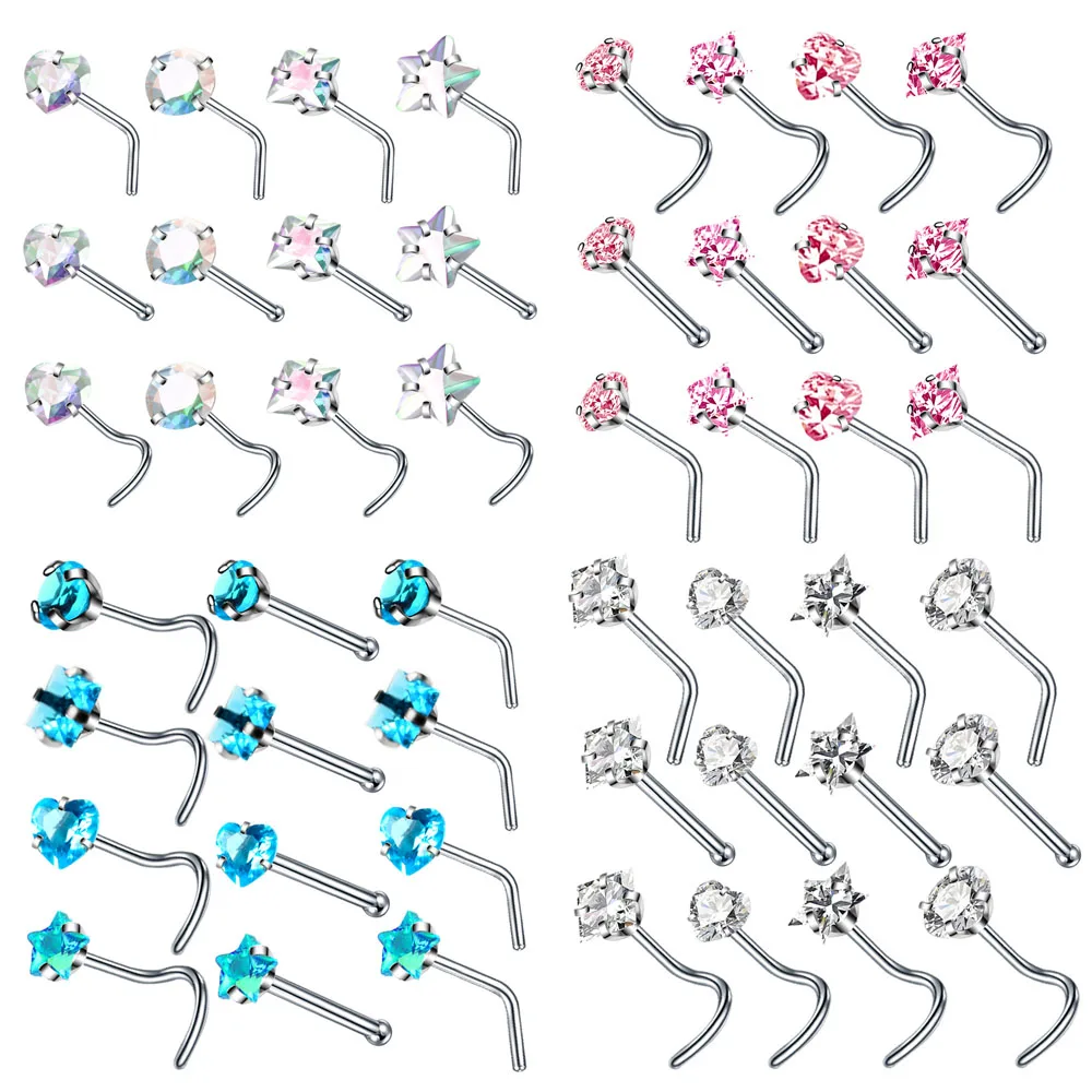 

1PCS Crystal L shape nose stud set stainless steel zircon heart nose piercing ring star nose piercing stud lot nostril pircing
