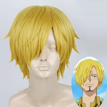 Peluca de Anime de One Piece para Cosplay, pelo sintético corto y liso, amarillo dorado, resistente al calor, para Cosplay, con gorro