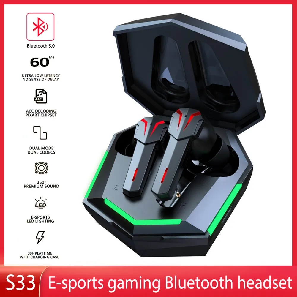 

S33 Game Bluetooth 5.0 Earbuds TWS Wireless Noise Cancelling Headphones Low Latency Bass Earphone with Mic Sport Headset