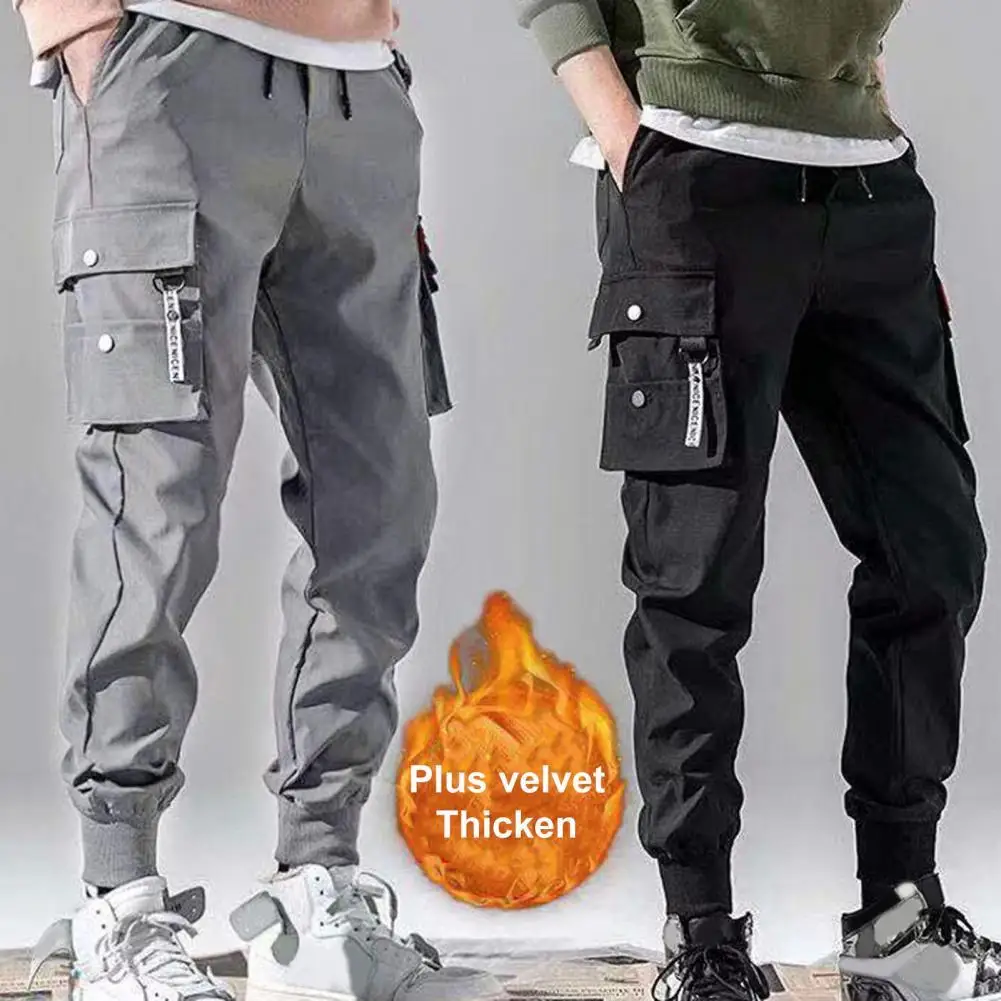 

40%HOTMen Pants Solid Color Multi Pockets Elastic Waist Drawstring Spring Trousers for Daily Wear