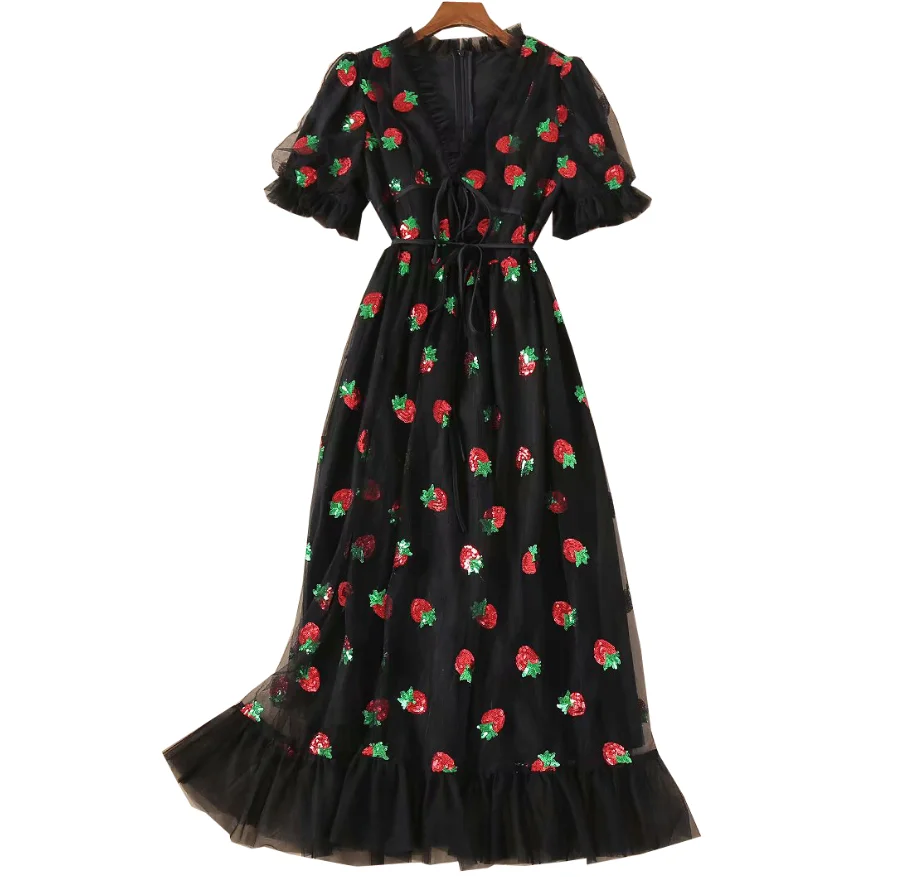 

Plus size 5XL!Women Black Pink Strawberry Sequined Dress v-neck Sweet Elegant Evening Party Formal Dress Classy Maxi Dress