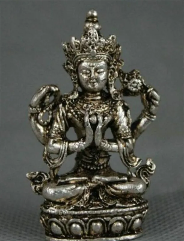 YM медная статуя Тибетский буддизм Мяо Серебряное сиденье 4 руки Chenrezig Будда
