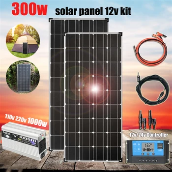 300w 150w solar panel kit complete 12v 24v monocrystalline solar cell battery charger for car boat RV camper roof 1000w inverter