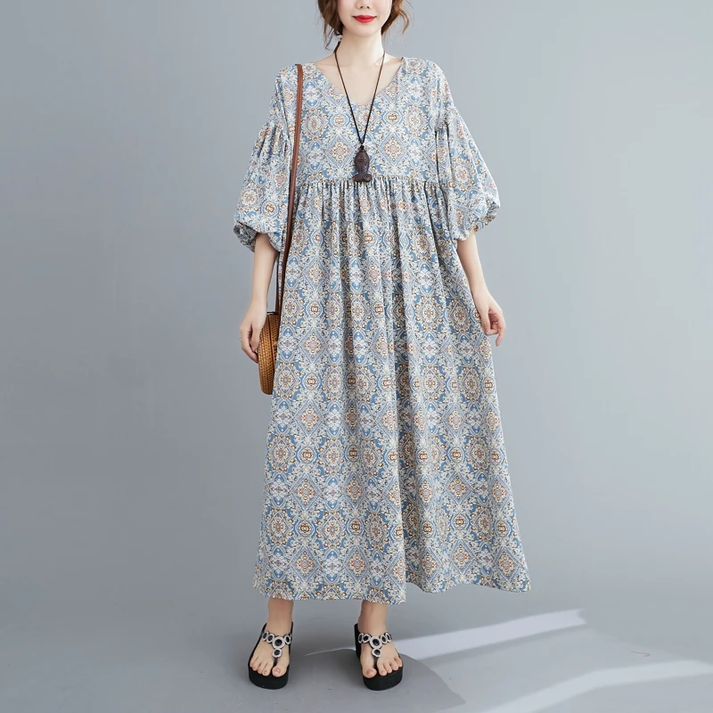

Plus Size Women's Clothing Summer Long Western Style Slimming Printed Plump Girls Loose Artistic V-neck Fashion Vintage Dress
