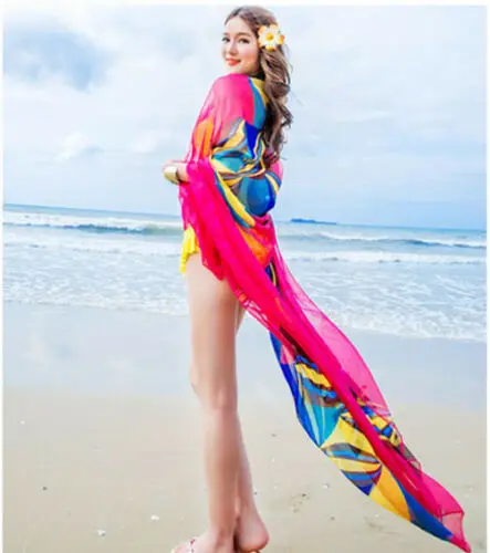 

2021 Summer Women Cover Up Chiffon Beach Bikini Print Sheer Loose Bandage Wrap Scarf Pareo Swimwear Sarong Ladies Beachwear