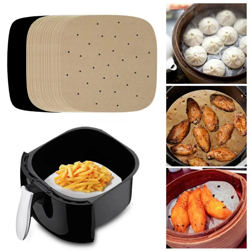 100pcs Air Fryer Liners 6-9inch Bamboo Steamer Premium Perforated Silicon Oil Paper Steaming Papers Non-stick |