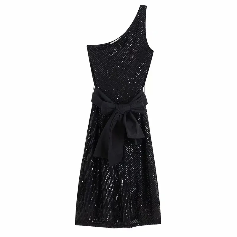 Платье с блестками ZA Fashion для вечеринки на одно плечо с лентой, черное, без рукавов, 2019 года.