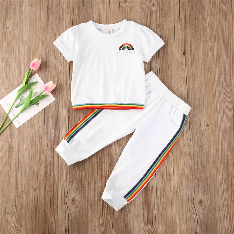 

Summer Fashion infant Baby Girls Clothes Sets Rainbow Print Short Sleeve T Shirts Tops+Long Pants 2Pcs