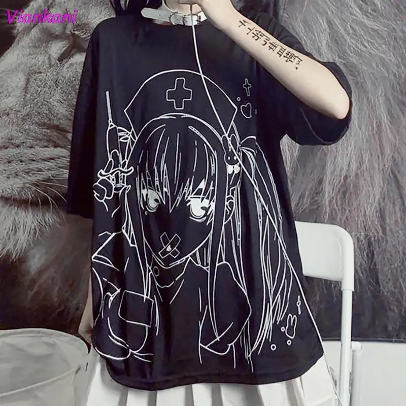 

Gothic Tshirt Women 2021Harajuku Anime Girl Print Alt Clothes Aesthetic Streetwear Tops Japanese Style Female Hip Hop Tee Shirts
