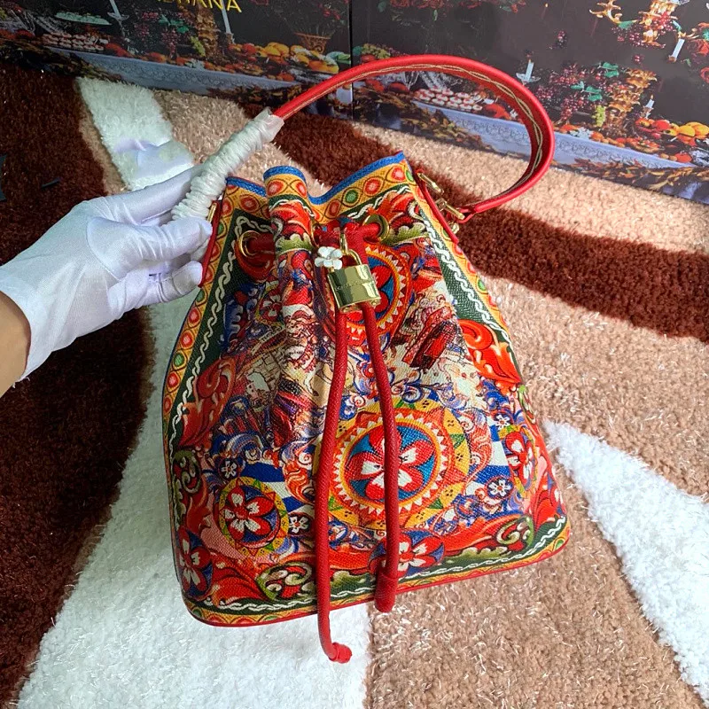 

Real Cowhide Top Handle Bag Retro Rose Pattern Package Female Handbag Genuine Leather Women shoulder Messenger Bucket Bag