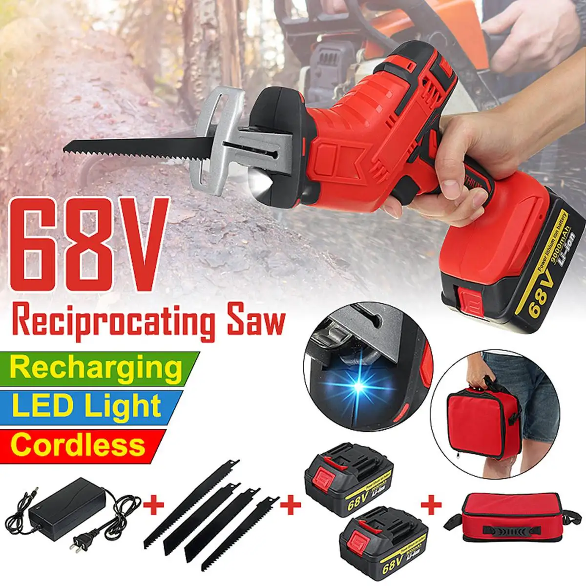 

68V Rechargeable Electric Reciprocating Saw Electric Sabre Saw Woodworking Cutting Electric Saw Wood Cutting Tool With LED Light