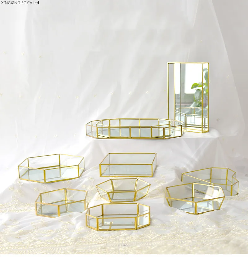 

Nordic Golden Metal Glass Tray Bathroom Supplies Simple Dressing Table Desktop Cosmetic Storage Box Household Goods Snack Dish