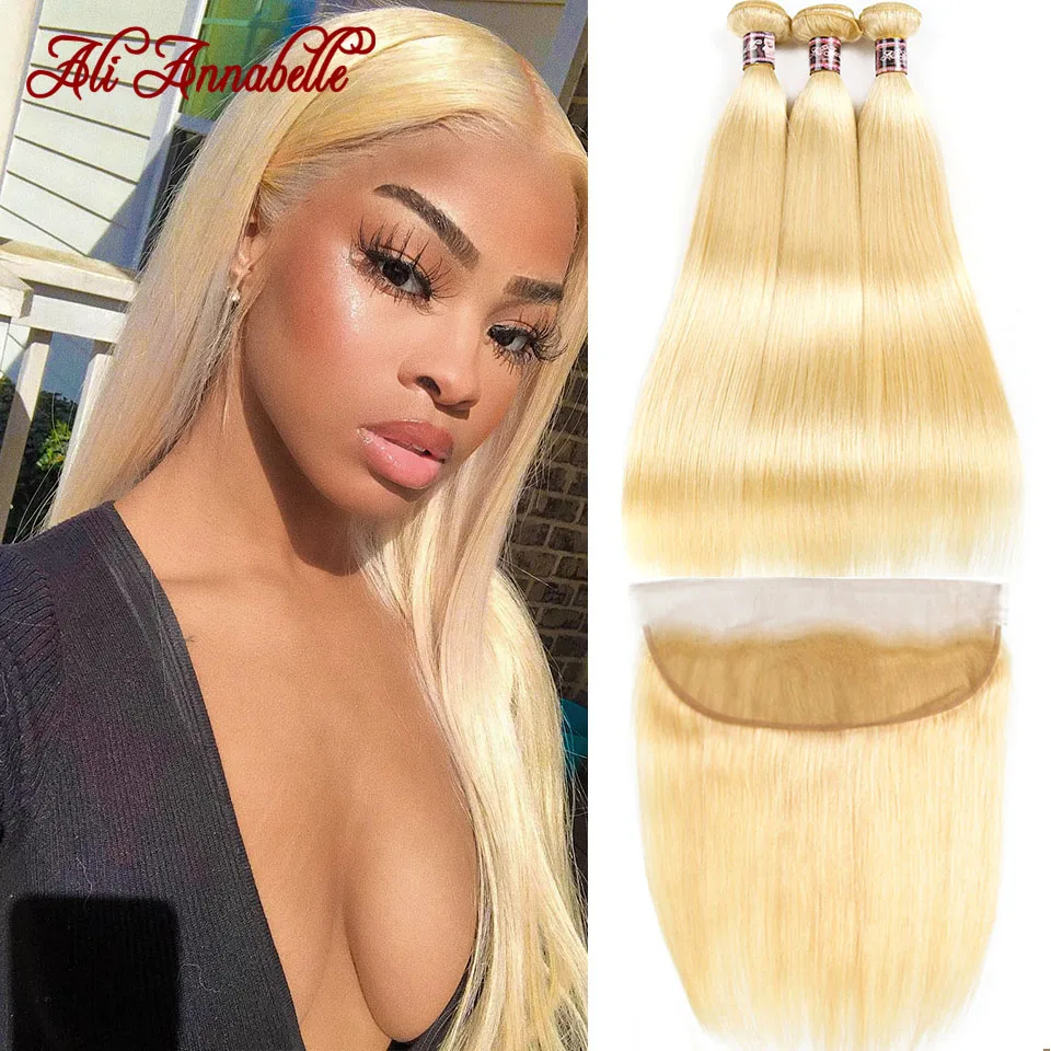 613 блонд пряди с фронтальной перуанской прямой волос Remy человеческих застежкой|3/4