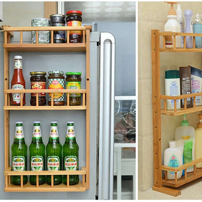 

3-Tier Baker's Rack Wall-Mounted/Standing Solid Wood Bottle Organizer Spice Holder Jars Storage Attachable to Fridge