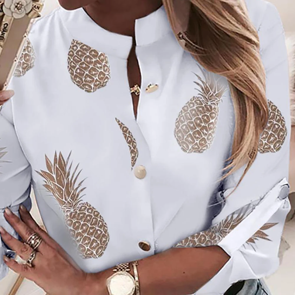 2019 сексуальная белая женская блузка с длинными рукавами и ананасом офисная
