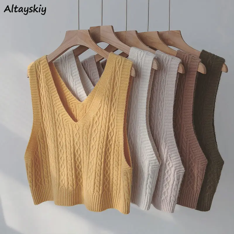

Sweater Vests Women Ribbed Short Outwear Solid Knitwear Loose All-match Japanese-style Sleeveless Lovely Fashion Tops Ulzzang